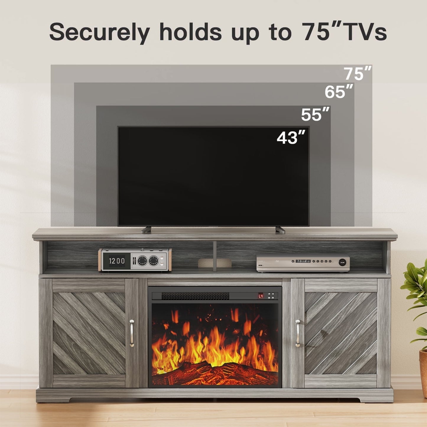 CHITOOMA Electric Fireplace TV Stand for 65 70 75 inch TV with Remote Control, Farmhouse Entertainment Center with 23″ Fireplace for Living Room, Bedroom,Gray