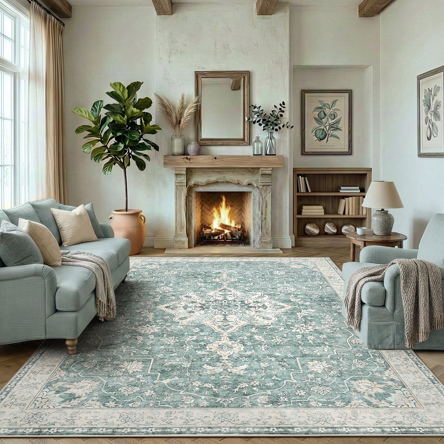 CHITOOMA 5'x7' Boho Area Rugs for Living Room, Machine Washable Stain Resistant Non-Shed Carpet, Floral Area Rug with Non-Slip Backing for Bedroom, Dining Room, Dorm, Office