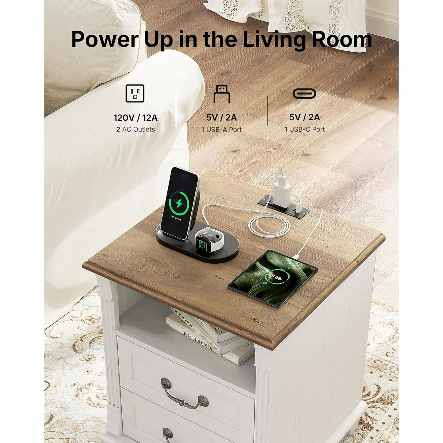 CHITOOMA Nightstand with Charging Station, 18" Bedside Table with USB Ports and AC Outlets, 2-drawer, Farmhouse Wood Side Table for Bedroom
