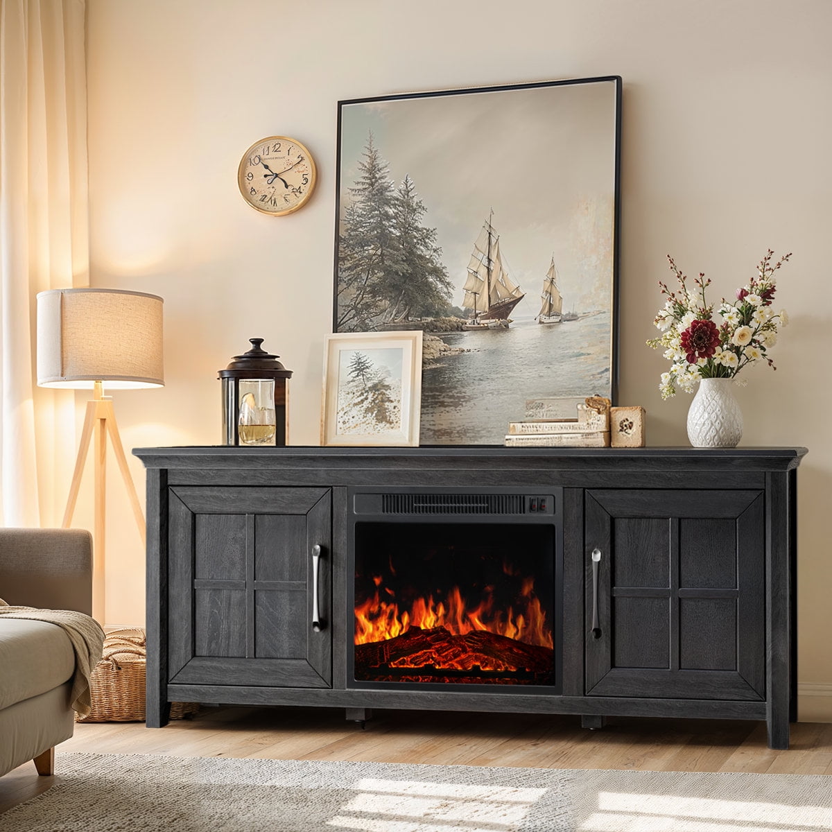 CHITOOMA Fireplace TV Stand with 2 Barn Doors and Storage Cabinets for TV up to 75 inch, Entertainment Center Console Table, Media Furniture for Living Room, Black