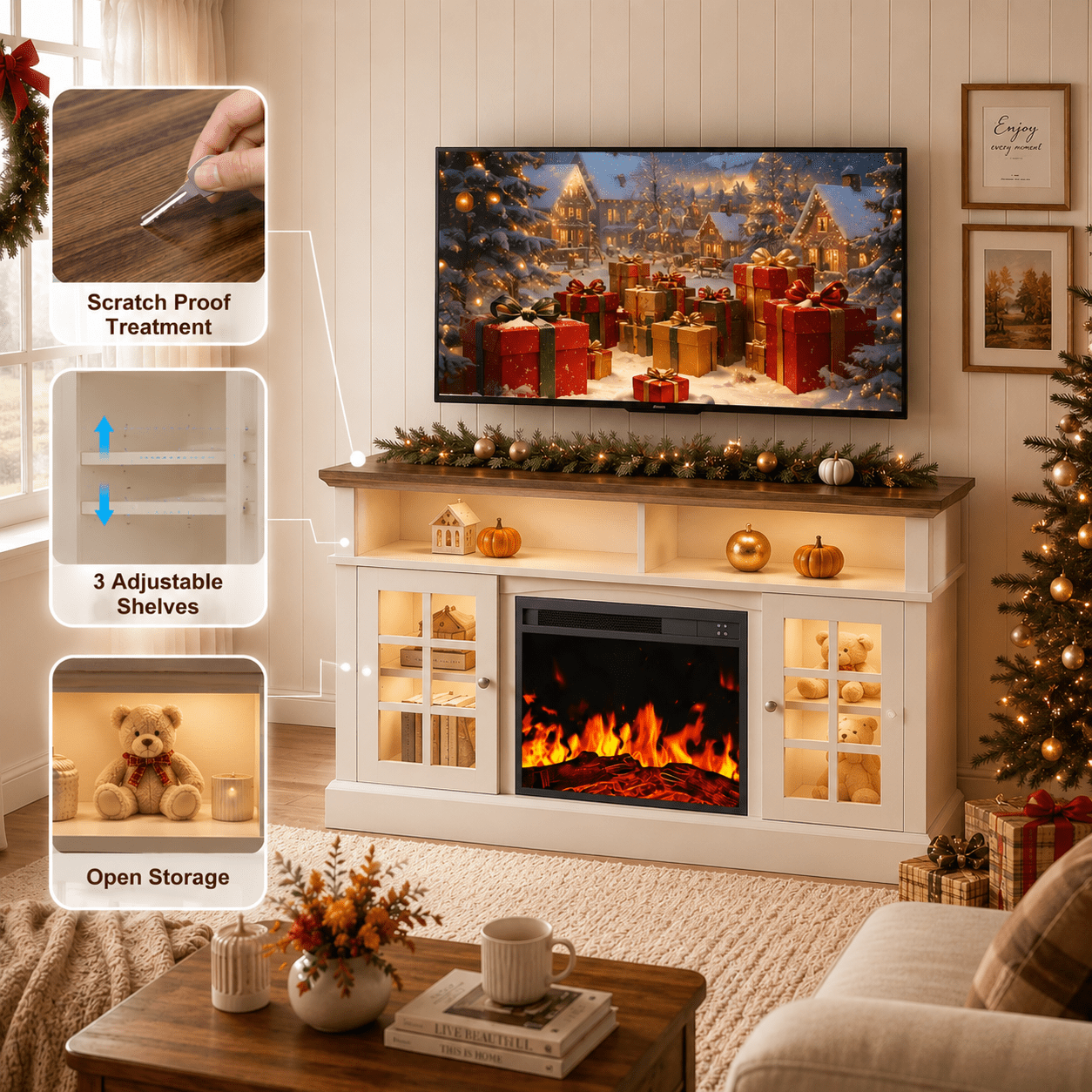 CHITOOMA Fireplace TV Stand with LED Light for up to 70 inch TV, White