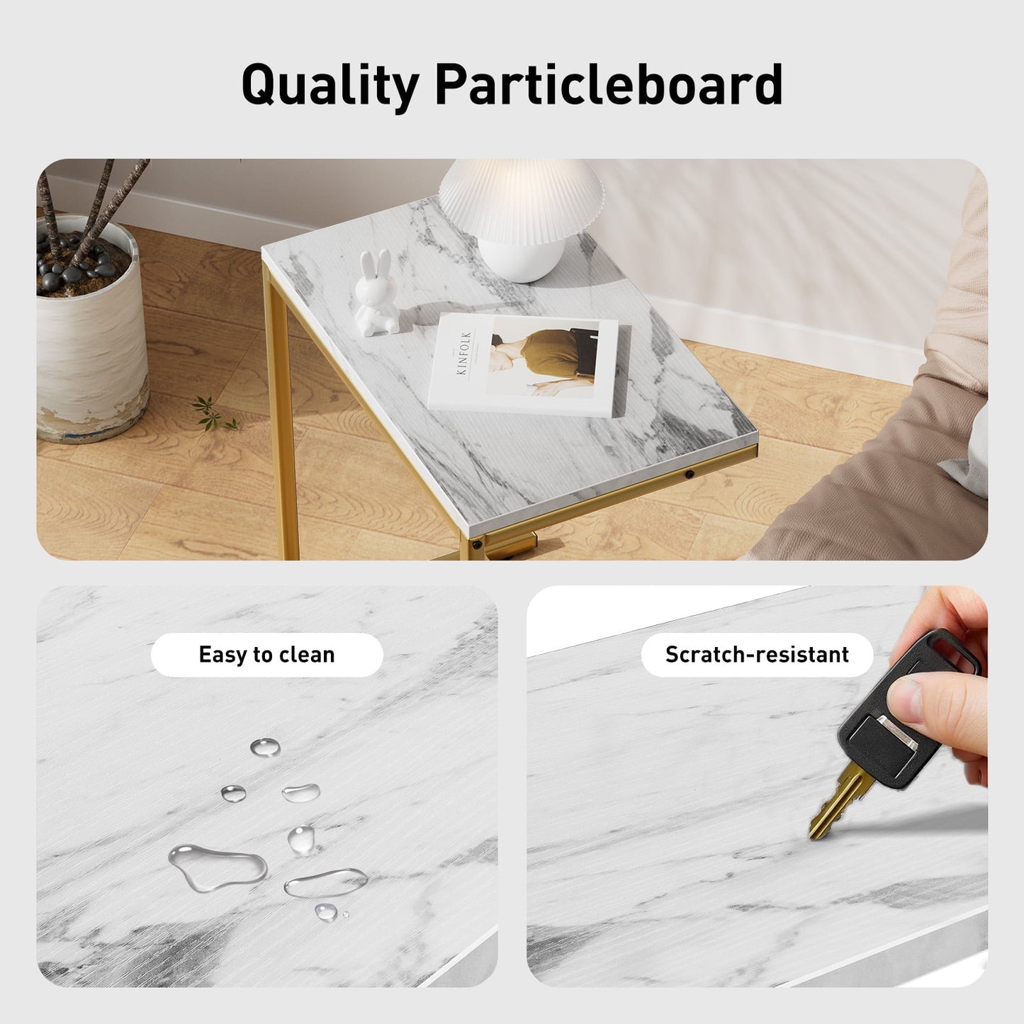 C Shaped End Table, Vintage Side Table for Couch, Laptop, Coffee, Snack, Sofa Side End Table C Shape for Living Room, 27"(H) x 19.7"(W) x 12.6"(D), Marble