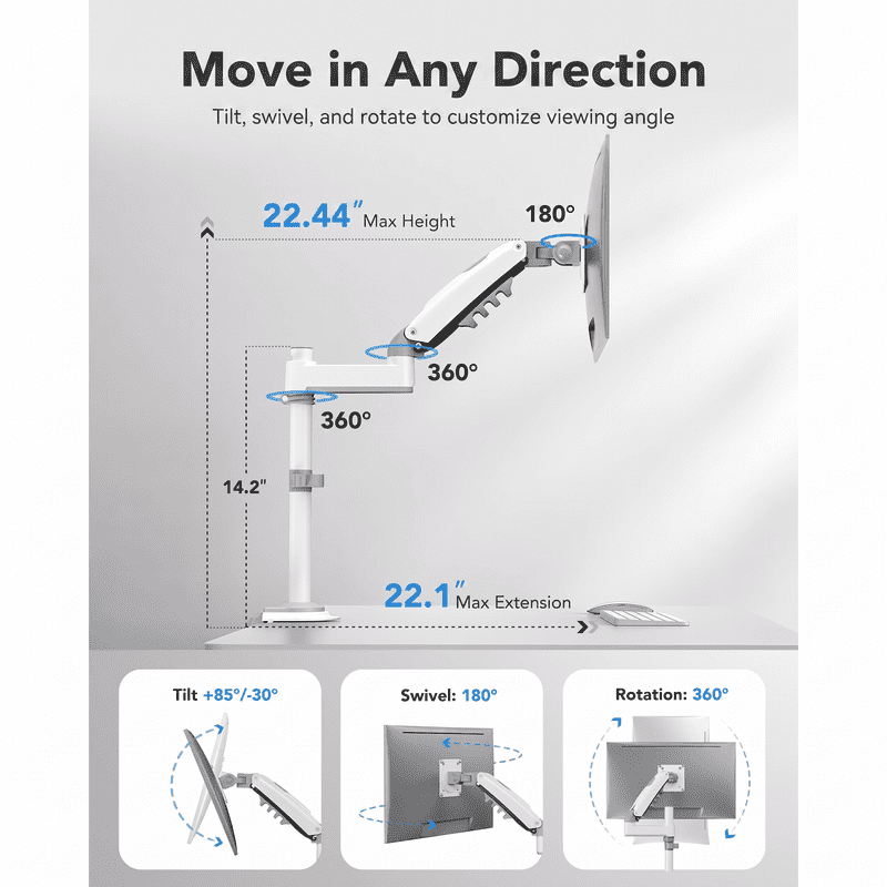 Kyspho Single Monitor Arm for 13–34 Inch Screens,Fully Adjustable Gaming Desk Monitor Mount with Tilt,Swivel,and Rotation,Supports up to 19.8 lbs, Fits VESA 75×75 mm and 100×100 mm,White