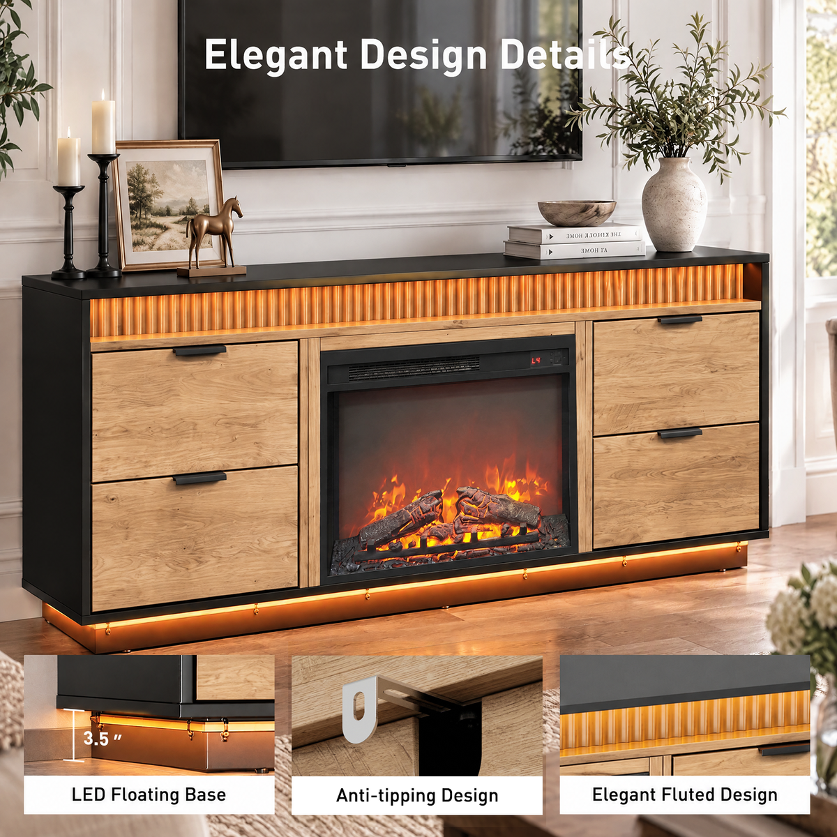 CHITOOMA Electric Fireplace TV Stand for up to 70" with 60000 RGB LED Light, Entertainment Center Console Table with 4 Large Drawers, Brown