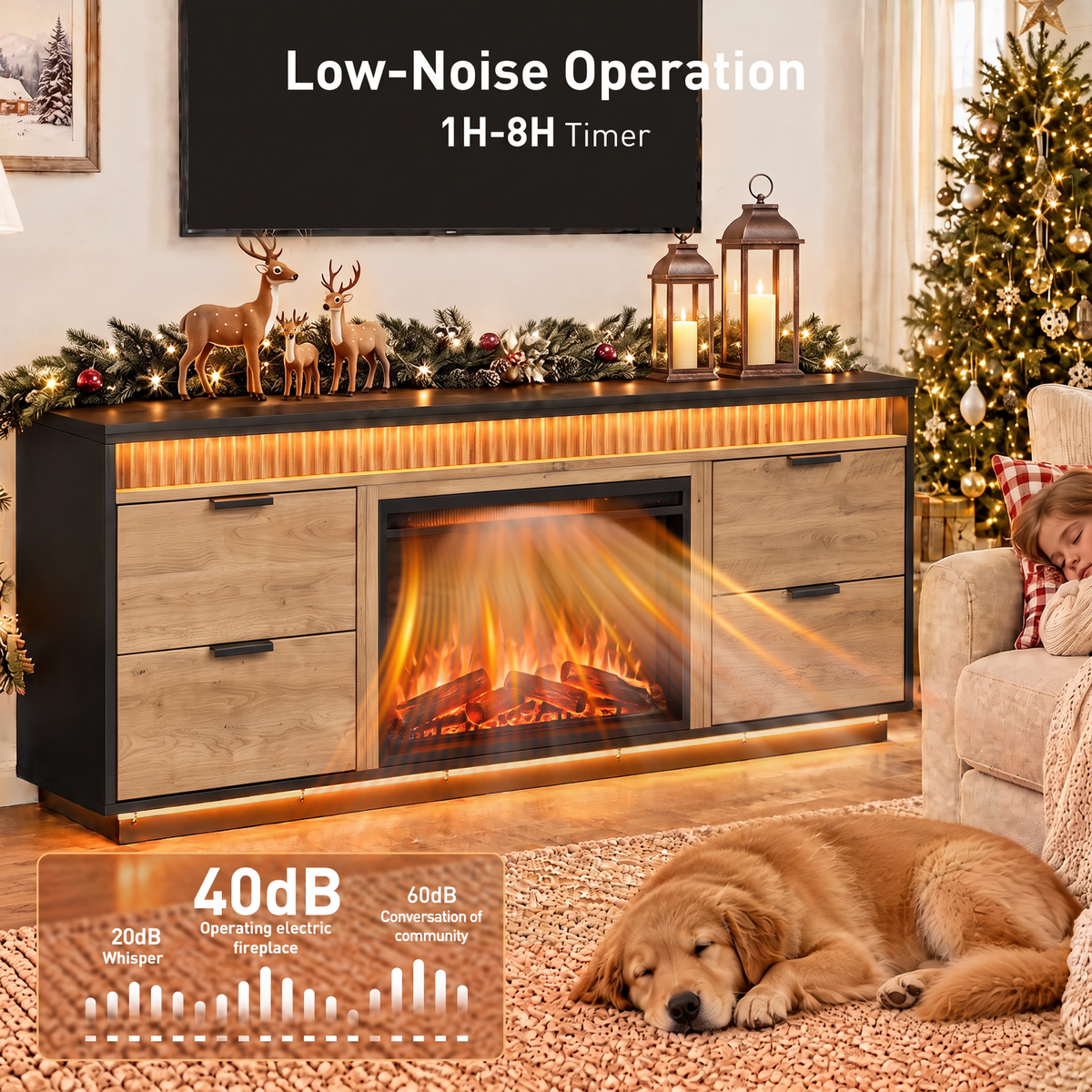 CHITOOMA Electric Fireplace TV Stand for up to 70" with 60000 RGB LED Light, Entertainment Center Console Table with 4 Large Drawers, Brown