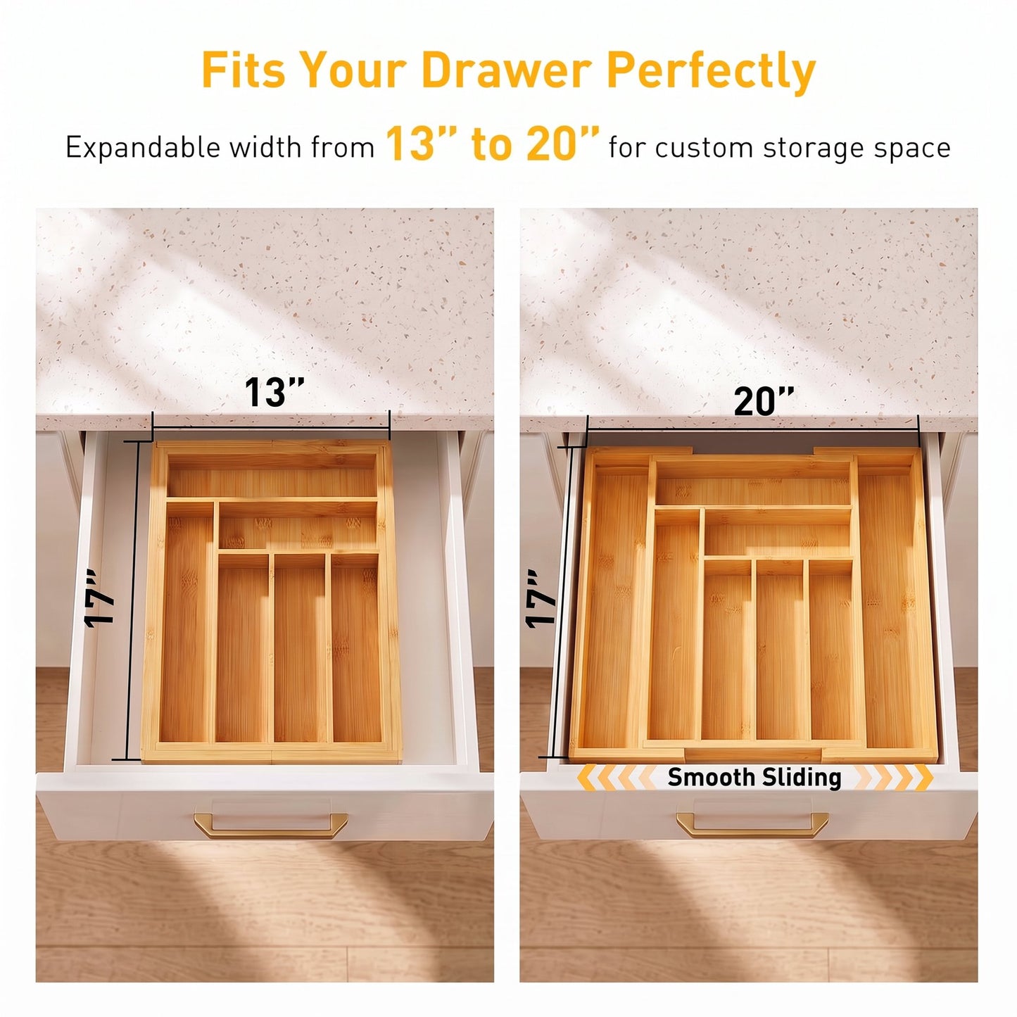 CHITOOMA Wood Bamboo Kitchen Drawer Organizer,Expandable Silverware Holder,Adjustable Kitchen Utensil Tray,for Forks, Spoons and Knives,8 Slots,Large