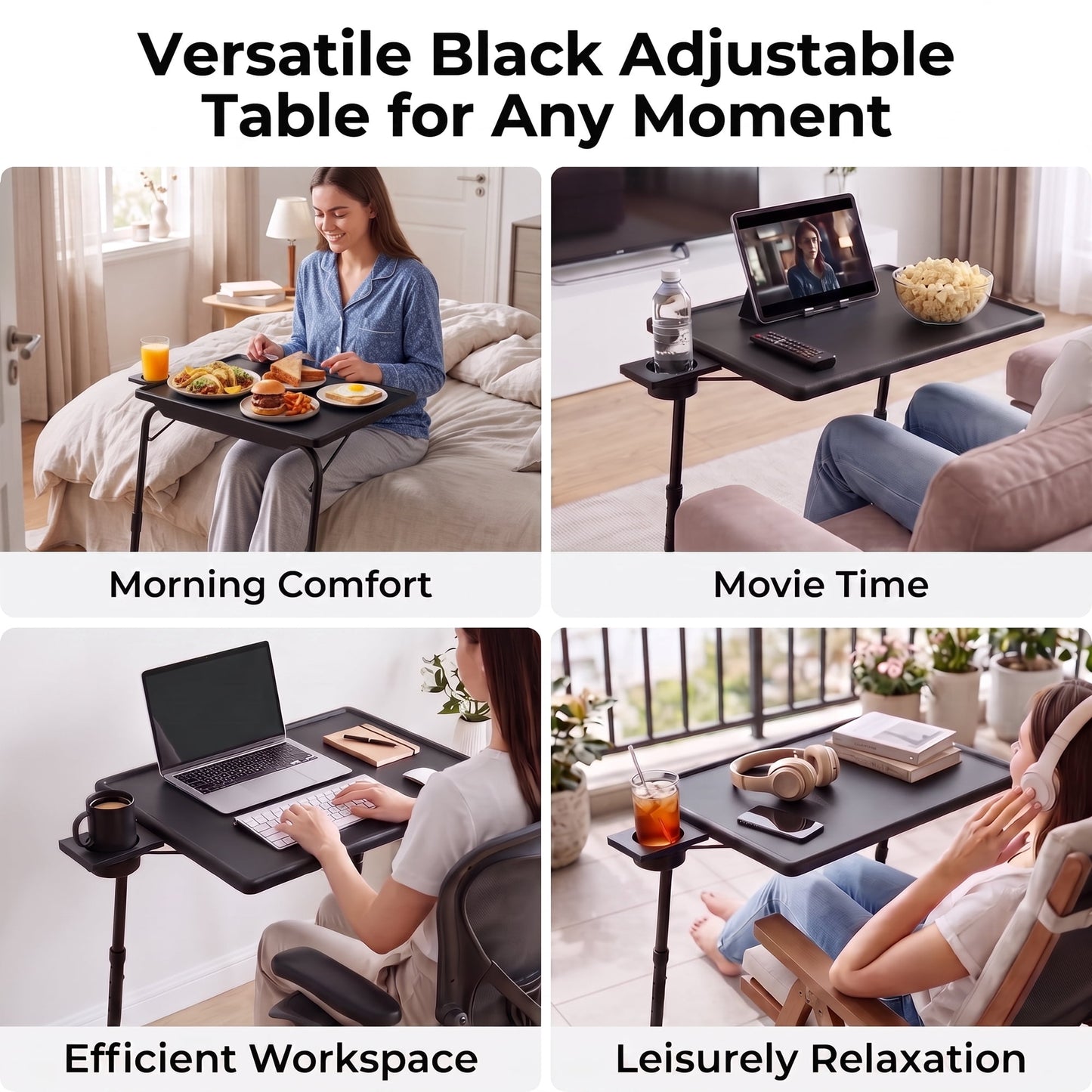 TV Tray Table with Cup Holders, Portable C-Shaped Side Dinner Tray Table, Adjustable 6 Heights & 3 Tilt Angle for Living Room, Bedroom, Black