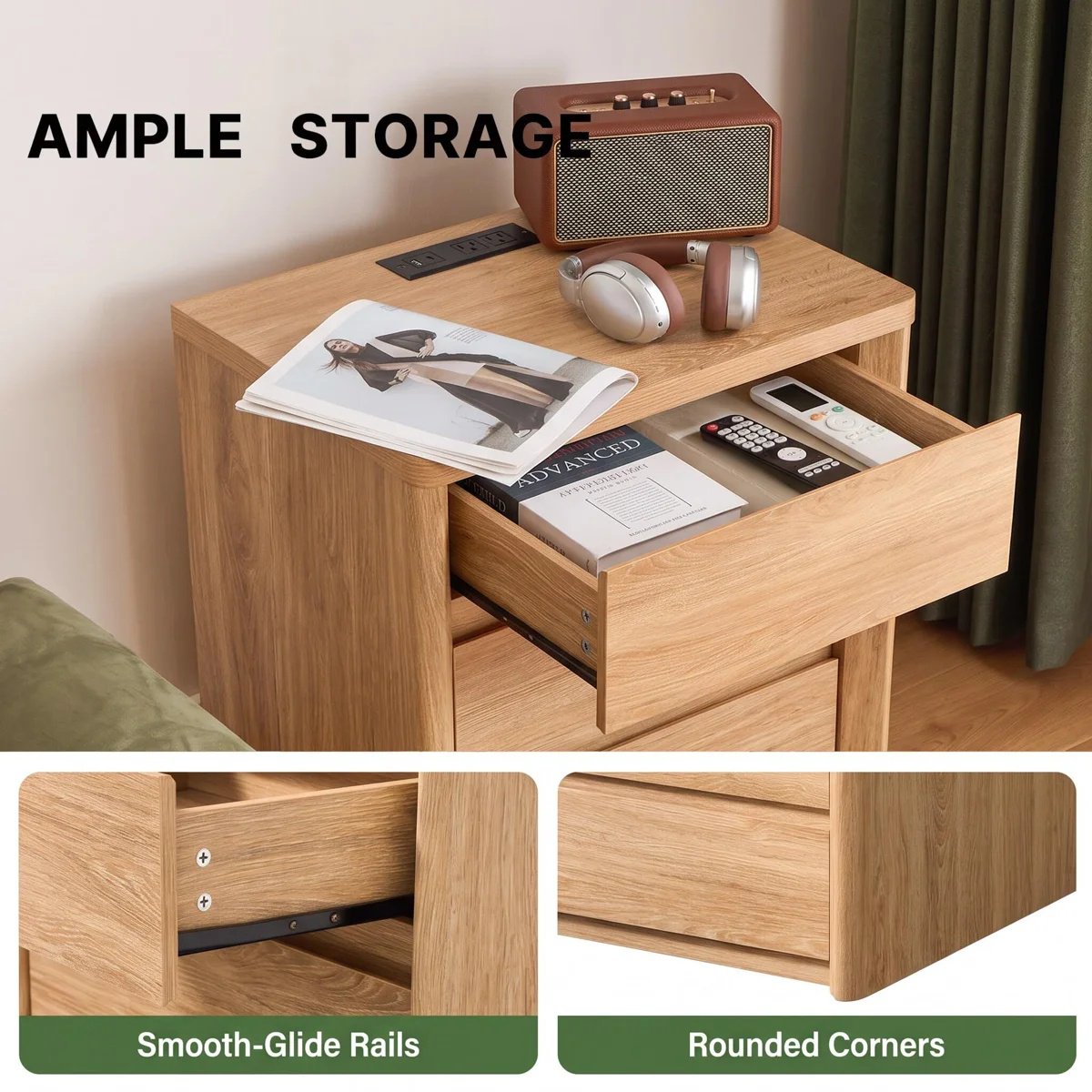 CHITOOMA 24.8" Nightstand Set of 2 with Charging Station for Bedroom, Natural