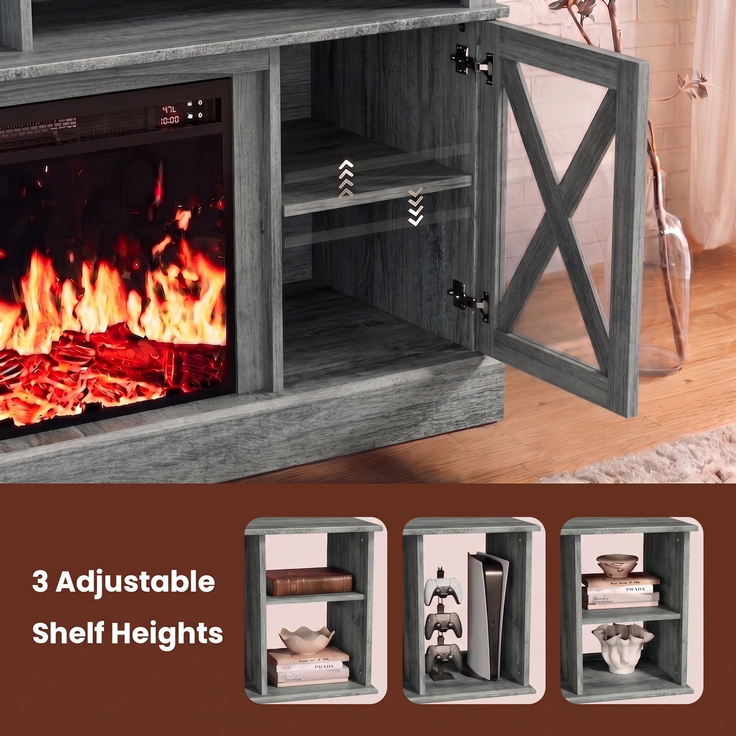 Electric Fireplace TV Stand for 75 inch TVs Farmhouse TV Console with 23″ Fireplace, Gray