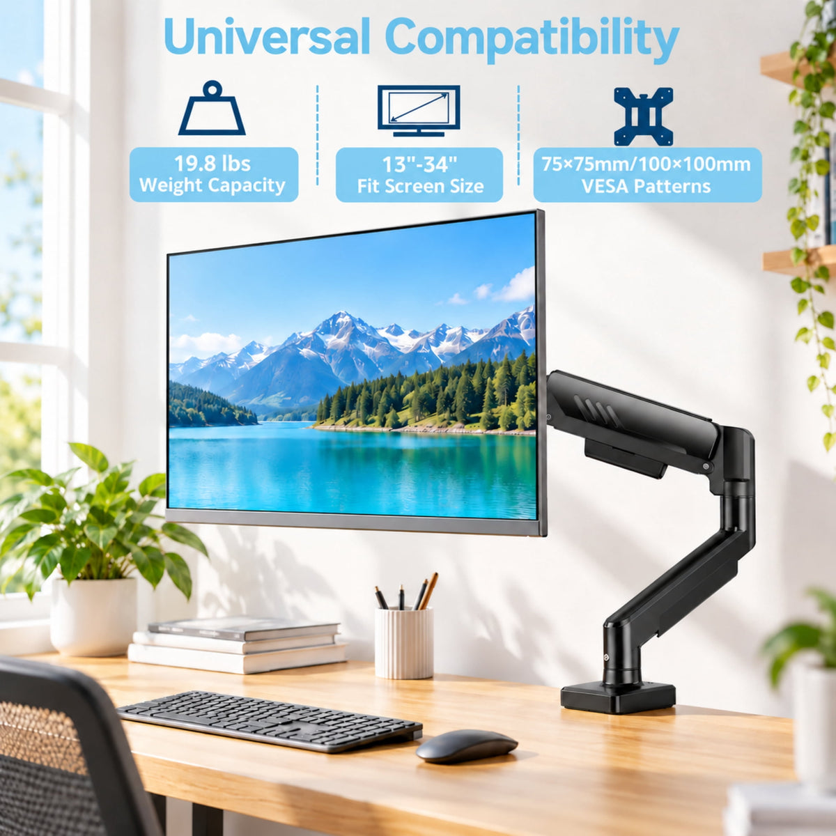 Kyspho Single Monitor Arm for 13" to 34 " Screens, Holds 19.8 lbs, Max 100x100mm, Monitor Stand with C-Clamp Tool-Free Mount, Cable Management, Adjustability for Swivel,Tilt and Rotation