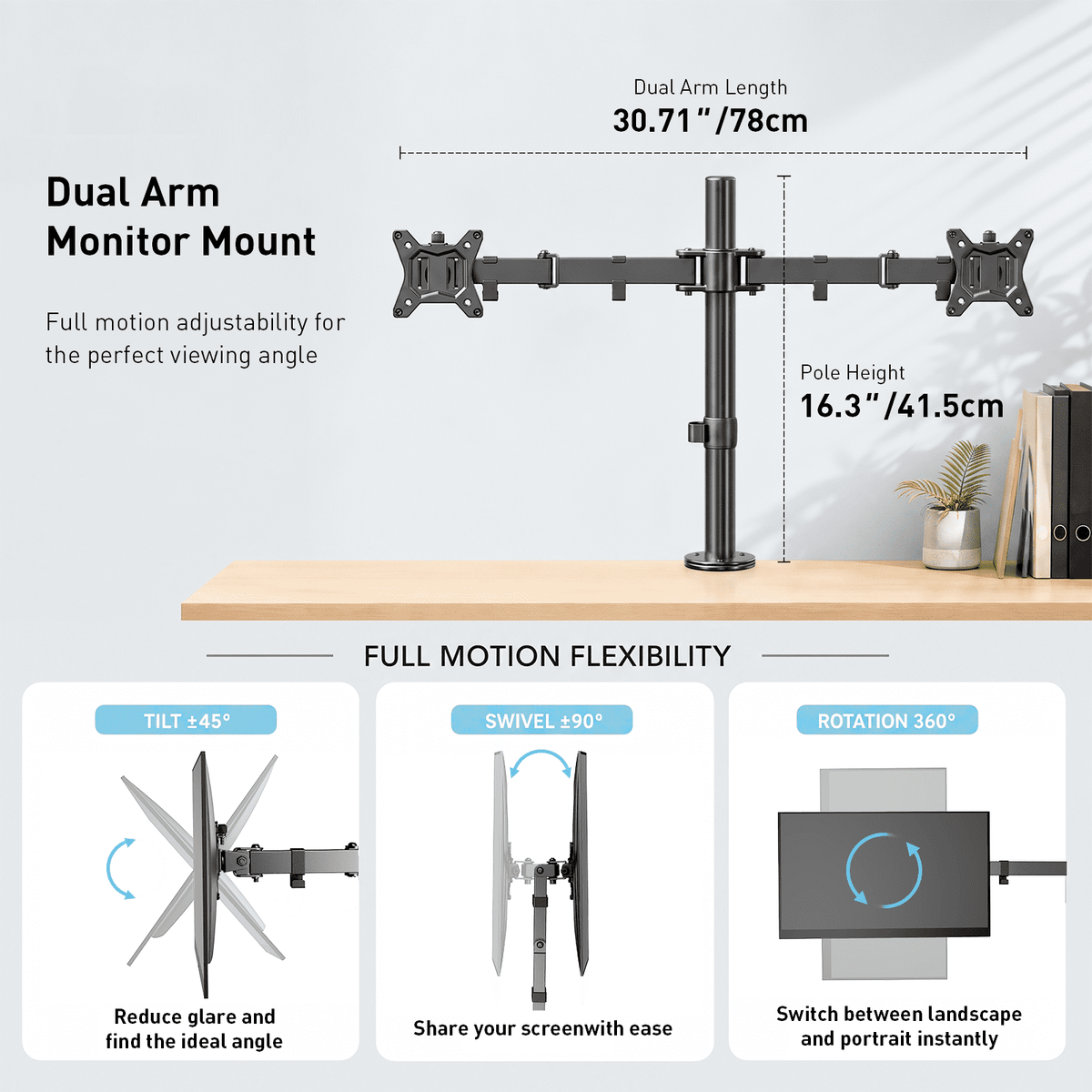 Dual Monitor Stand for 13 to 32 Inch Screens, Desk Mount with C-Clamp, Each Arm Holds 17.6 lbs, Double Monitor Mount Full Motion Adjustability for Height, Swivel, Tilt, and Rotation, Max 100x100mm