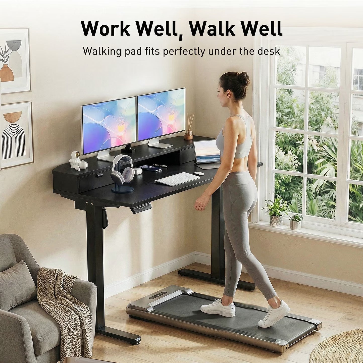 CHITOOMA 48″ x 24″ Standing Desk with Drawers, Electric Height Adjustable Sit Stand Desk with Storage Shelf, Black