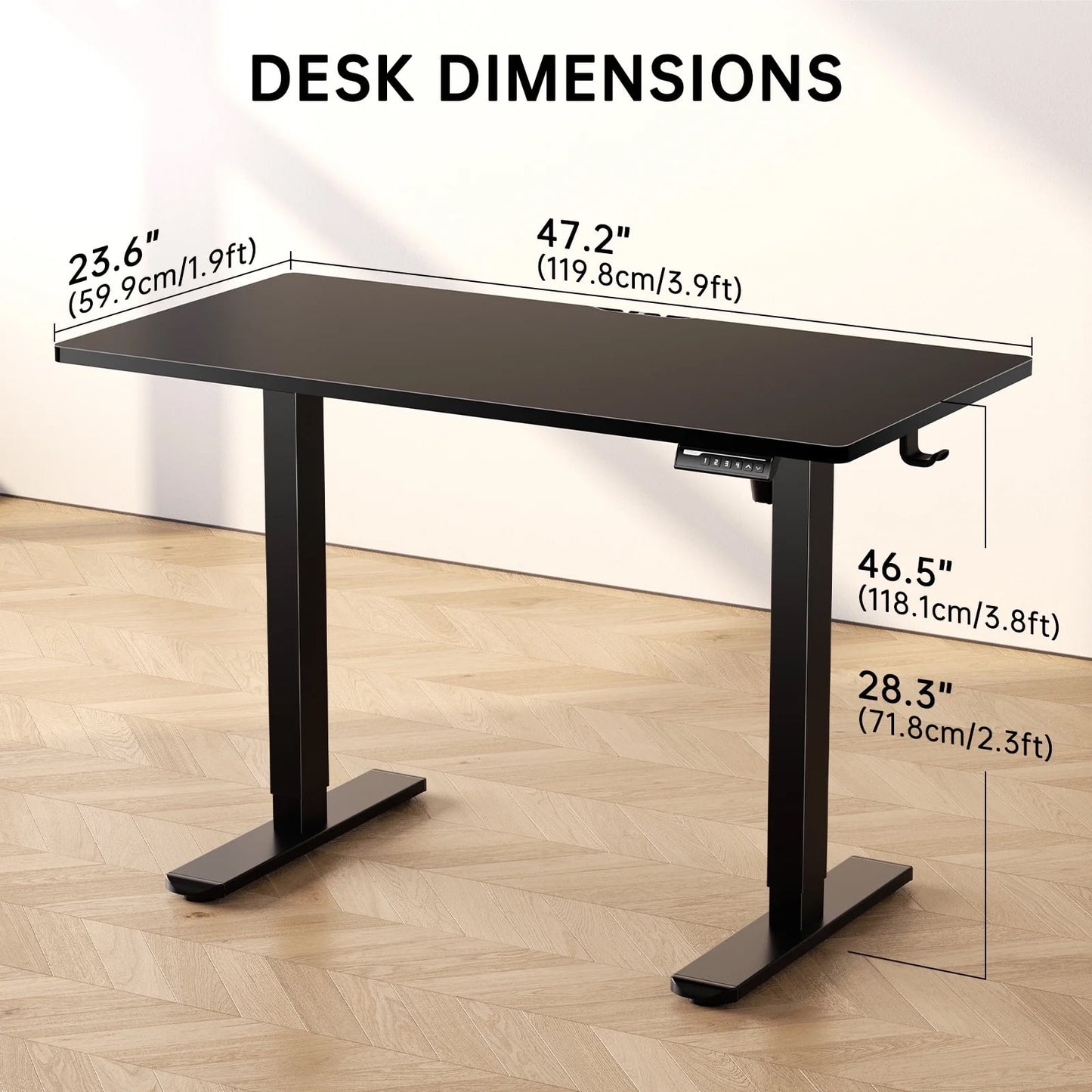 CHITOOMA 48" x 24" Electric Standing Desk with 4 Memory Preset Heights, Height Adjustable Sit Stand up Desk with Headphone Hook for Home Office, Black