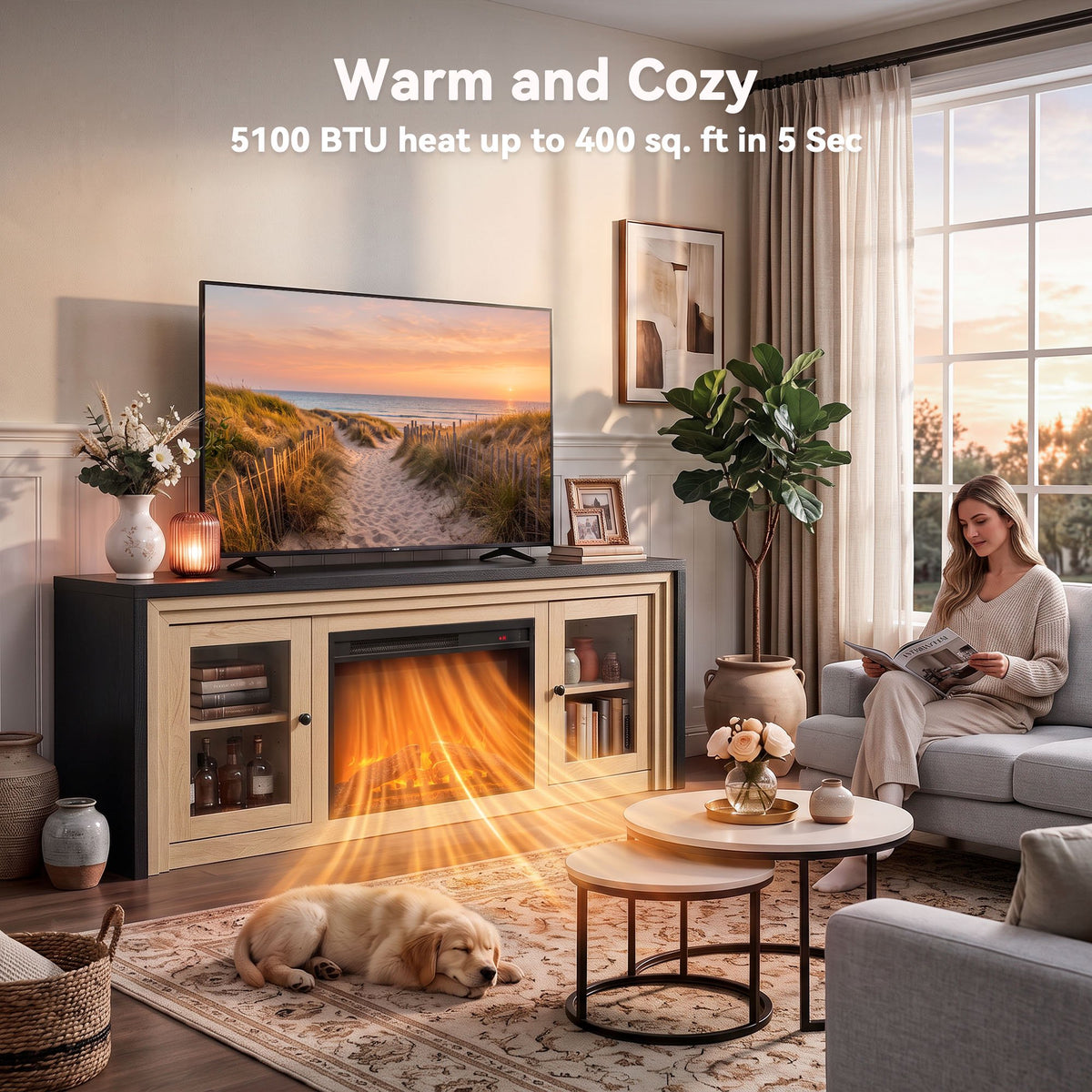 Modern Fireplace TV Stand with 24" Electric Fireplace up to 70" TV, Fireplace TV Console with Glass Barn Doors & Adjustable Shelf, 5100BTU, White