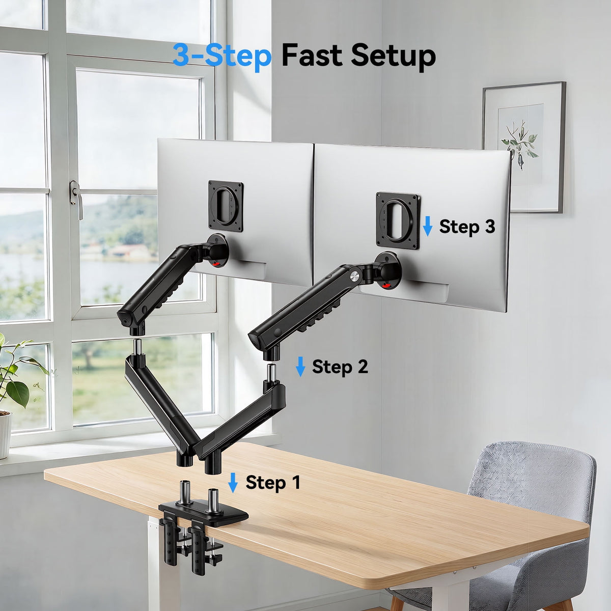 Kyspho FlowLift™ Dual Monitor Mount Stand for 13-32 inch Screens,Tool-Free Mount with MechaSpring,Full Motion Heavy Duty Visual Adjustment Arm Desk Mount, Max 100x100mm,Holds to 19.8 lbs per Monitor
