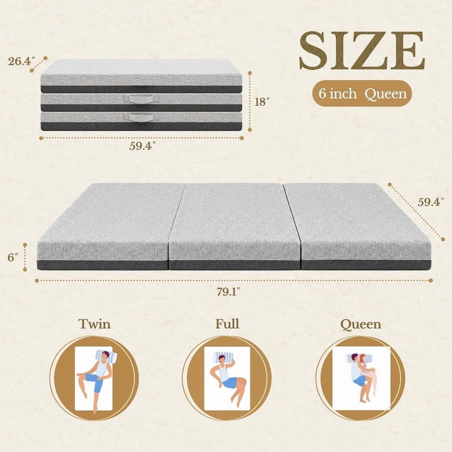 6 Inch Tri-Fold Memory Foam Mattress, Queen Size Folding Mattress with Washable Removable Cover, Non-Slip Bottom & Carry Handles, Portable Foldable Guest Bed for Camping, Travel, Yoga, Gray