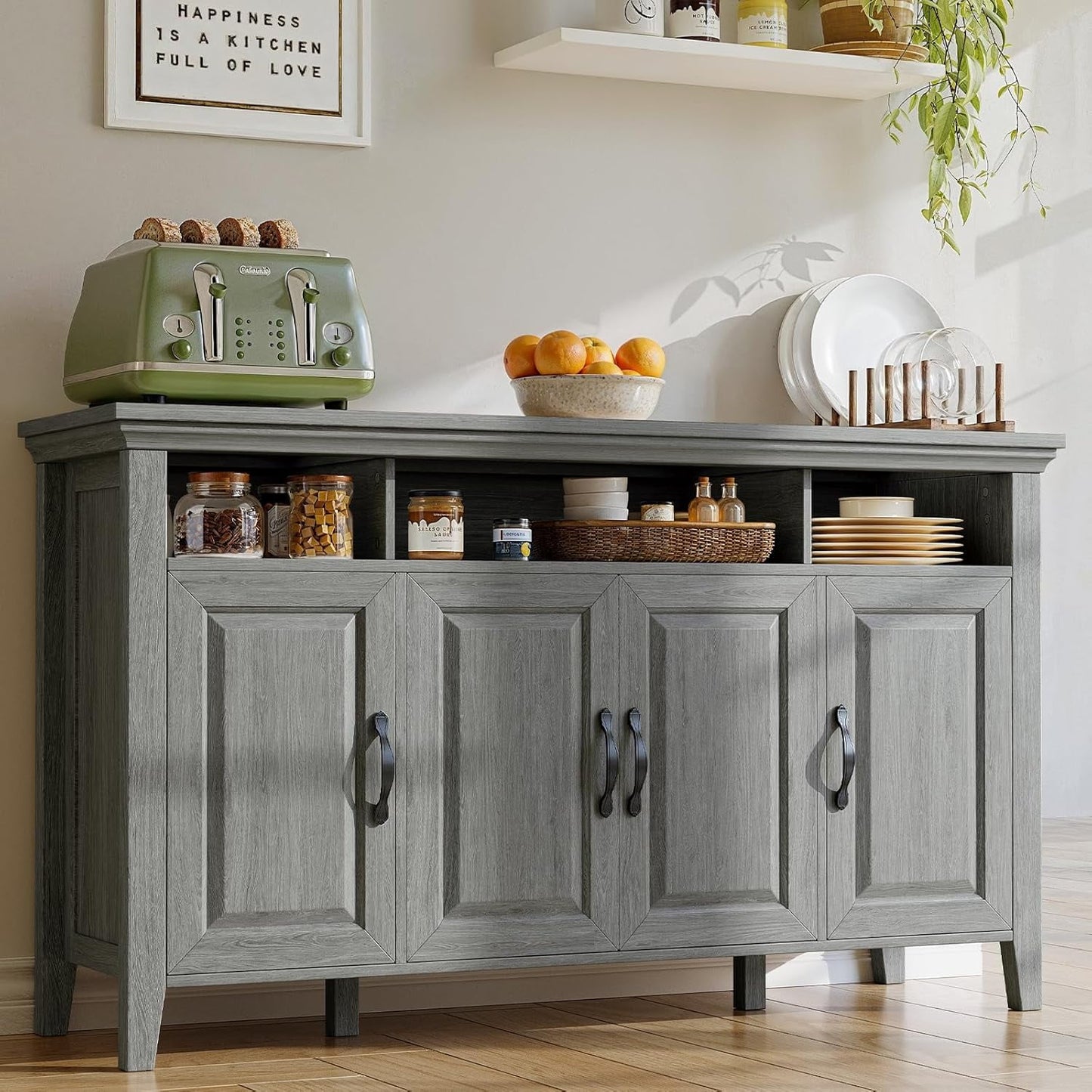 CHITOOMA 55" Sideboard Buffet Cabinet with Adjustable Shelves & 4 Doors, Modern Farmhouse Coffee Bar Cabinet for Kitchen Dinning Room, Gray