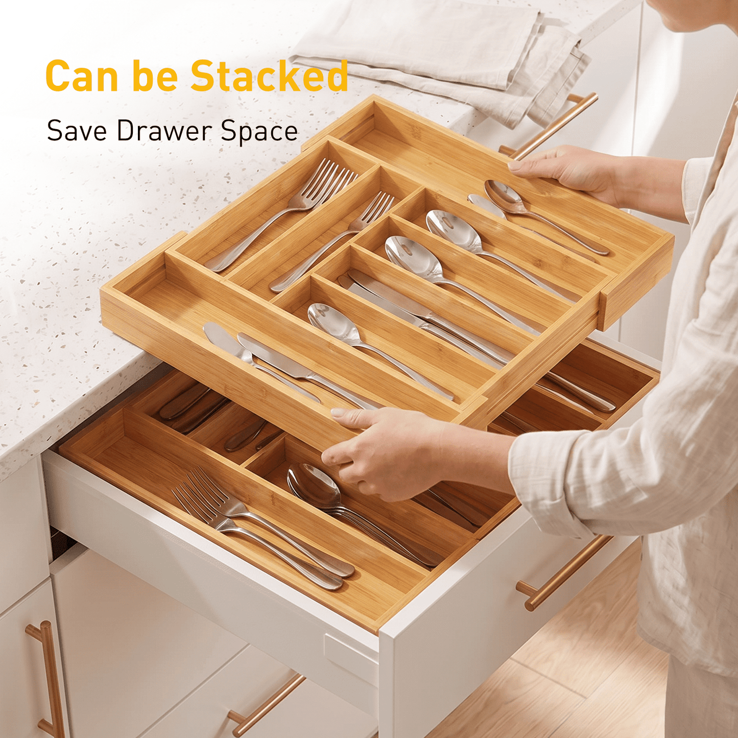 CHITOOMA Wood Bamboo Kitchen Drawer Organizer,Expandable Silverware Holder,Adjustable Kitchen Utensil Tray,for Forks, Spoons and Knives,8 Slots,Large