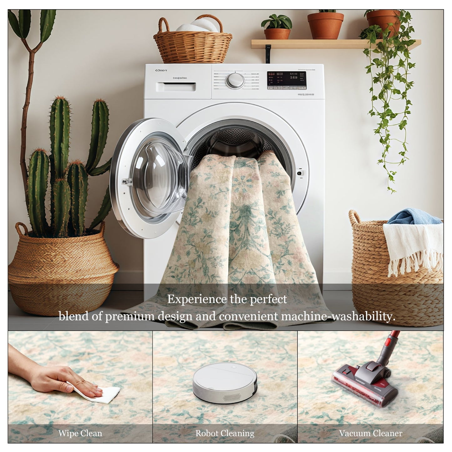 CHITOOMA 5'x7' Machine-washable Area Rugs for Living Room, Stain Resistant Non-Shed Carpet, Boho Floral Area Rugs with Non-Slip Backing for Bedroom, Dining Room, Dorm, Office