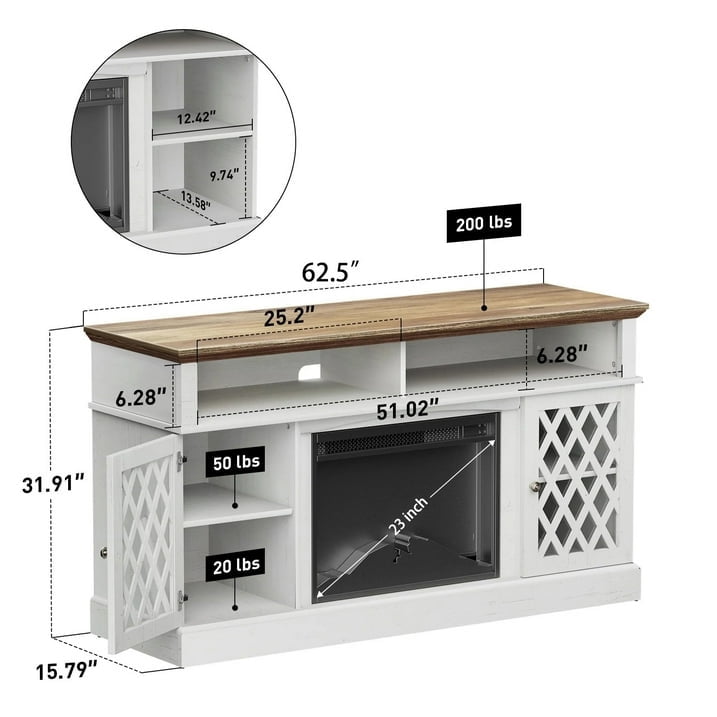 Farmhouse Fireplace TV Stand for 75 inch with LED Light, Adjustable Storage Shelves, Glass Doors, Media Entertainment Center with Fireplace for Living Room, Bedroom, White