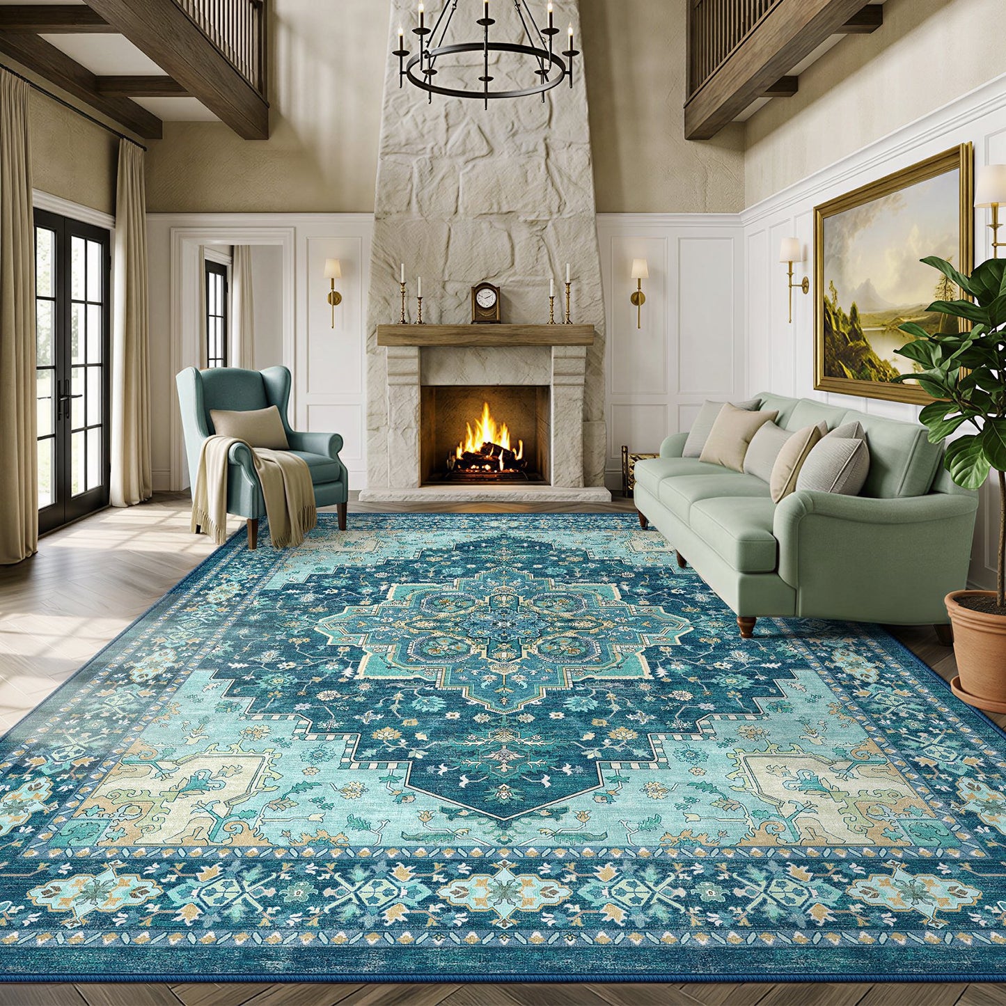 CHITOOMA 8'x10' Boho Area Rugs for Living Room, Machine Washable Stain Resistant Non-Shed Carpet, Area Rug with Non-Slip Backing for Bedroom, Dining Room, Dorm, Office