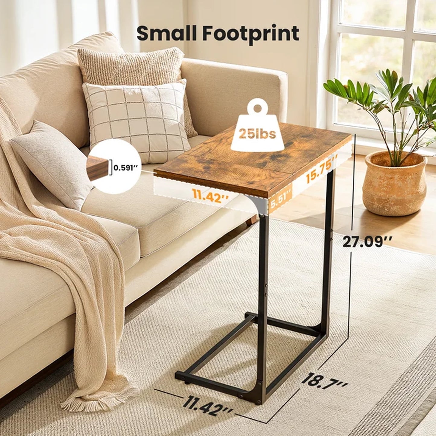 C Shaped End Sofa Table, TV Tray Couch Side Table for Living Room, Bedroom, With widened tabletop,27"(H) x 21.1"(W) x 11.4"(D), Brown