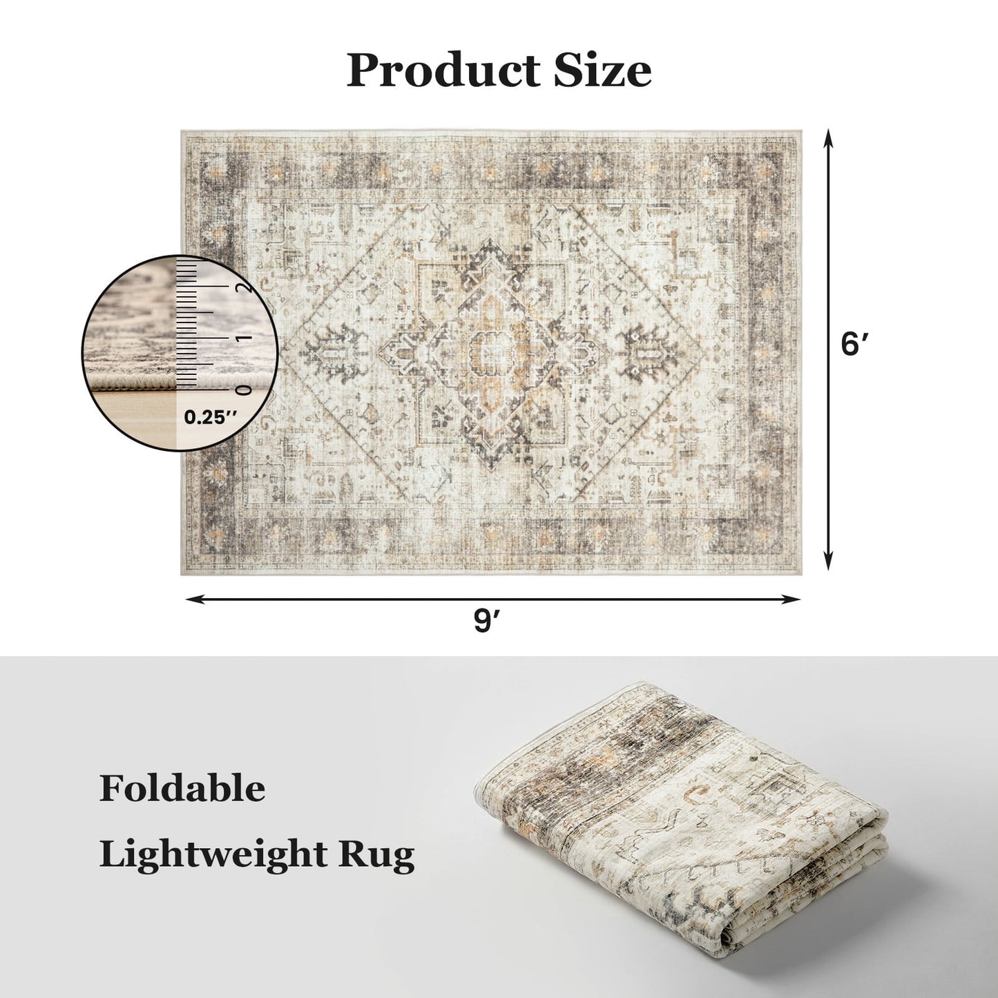 CHITOOMA 6'x9' Machine-washable Area Rugs for Living Room, Boho Area Rugs with Non-Slip Backing, Stain Resistant Non-Shed Carpet for Bedroom, Yellow