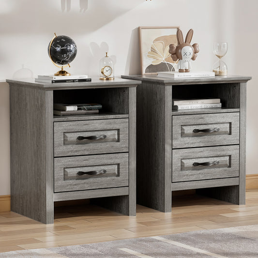 CHITOOMA Nightstand Set of 2 with Charging Station, 2-Drawer Wood Bedside Table with Open Shelf, Small End Table for Bedroom Living Room, Gray
