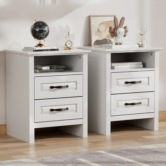 CHITOOMA Nightstand Set of 2 with Charging Station, 2-Drawer Wood Bedside Table with Open Shelf, Small End Table for Bedroom Living Room, White