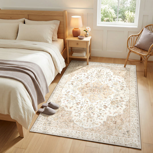 CHITOOMA 3'x5' Machine-washable Area Rugs for Living Room, Stain Resistant Non-Shed Carpet, Boho Floral Area Rugs with Non-Slip Backing for Bedroom, Dining Room, Dorm, Office