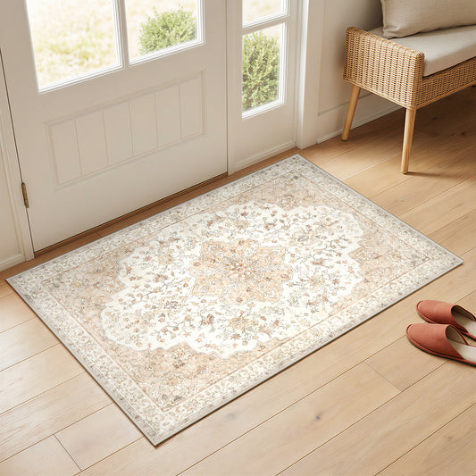 CHITOOMA 2'x3' Boho Runner Rug for Hallway, Machine Washable Stain Resistant Non-Shed Carpet, Floral Runner Rug with Non-Slip Backing for Kitchen, Entryway, Bedroom, Laundry, Bathroom