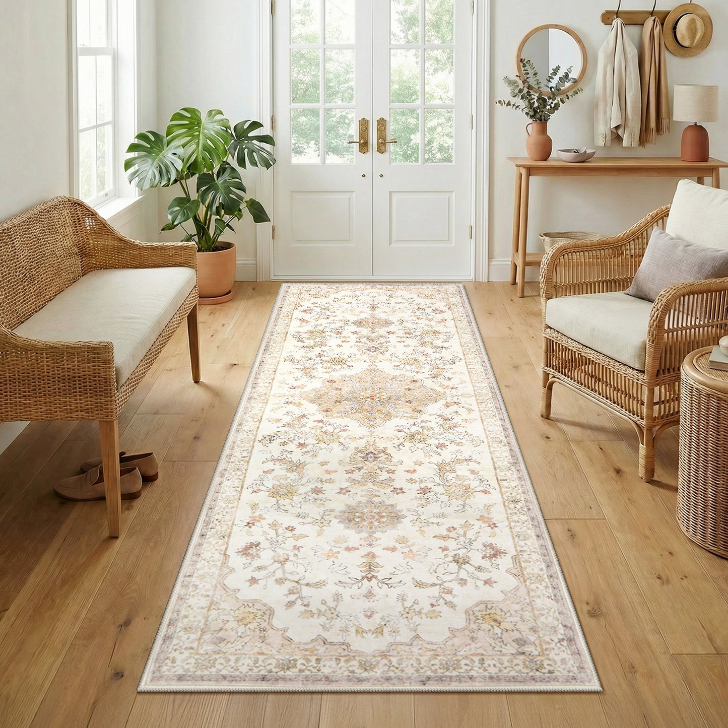 CHITOOMA 2.6'x8' Boho Runner Rug for Hallway, Machine Washable Stain Resistant Non-Shed Carpet, Floral Runner Rug with Non-Slip Backing for Kitchen, Entryway, Bedroom, Laundry, Bathroom