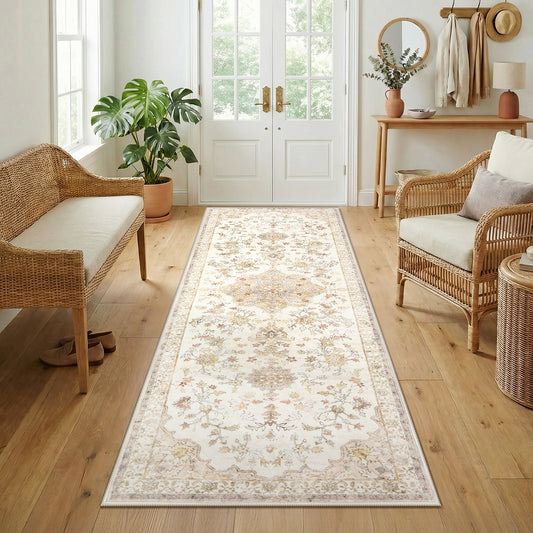 CHITOOMA 2.6'x8' Boho Runner Rug for Hallway, Machine Washable Stain Resistant Non-Shed Carpet, Floral Runner Rug with Non-Slip Backing for Kitchen, Entryway, Bedroom, Laundry, Bathroom
