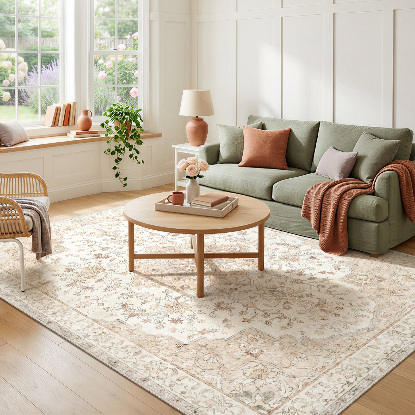CHITOOMA 5'x7' Boho Area Rugs for Living Room, Machine Washable Stain Resistant Non-Shed Carpet, Floral Area Rug with Non-Slip Backing for Bedroom, Dining Room, Dorm, Office