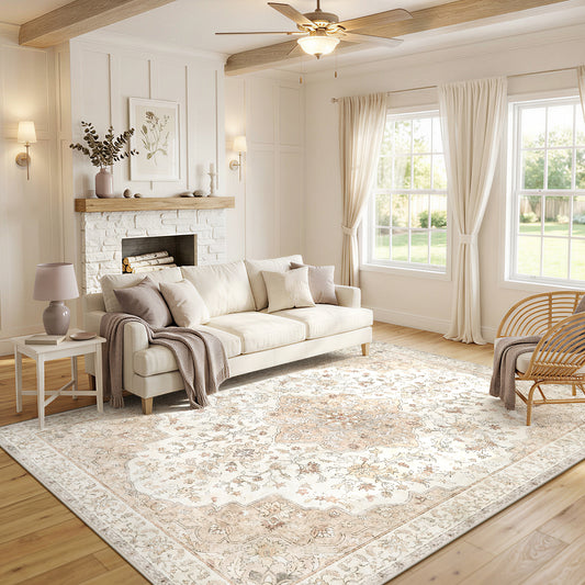CHITOOMA 5'x7' Boho Area Rugs for Living Room, Machine Washable Stain Resistant Non-Shed Carpet, Floral Area Rug with Non-Slip Backing for Bedroom, Dining Room, Dorm, Office