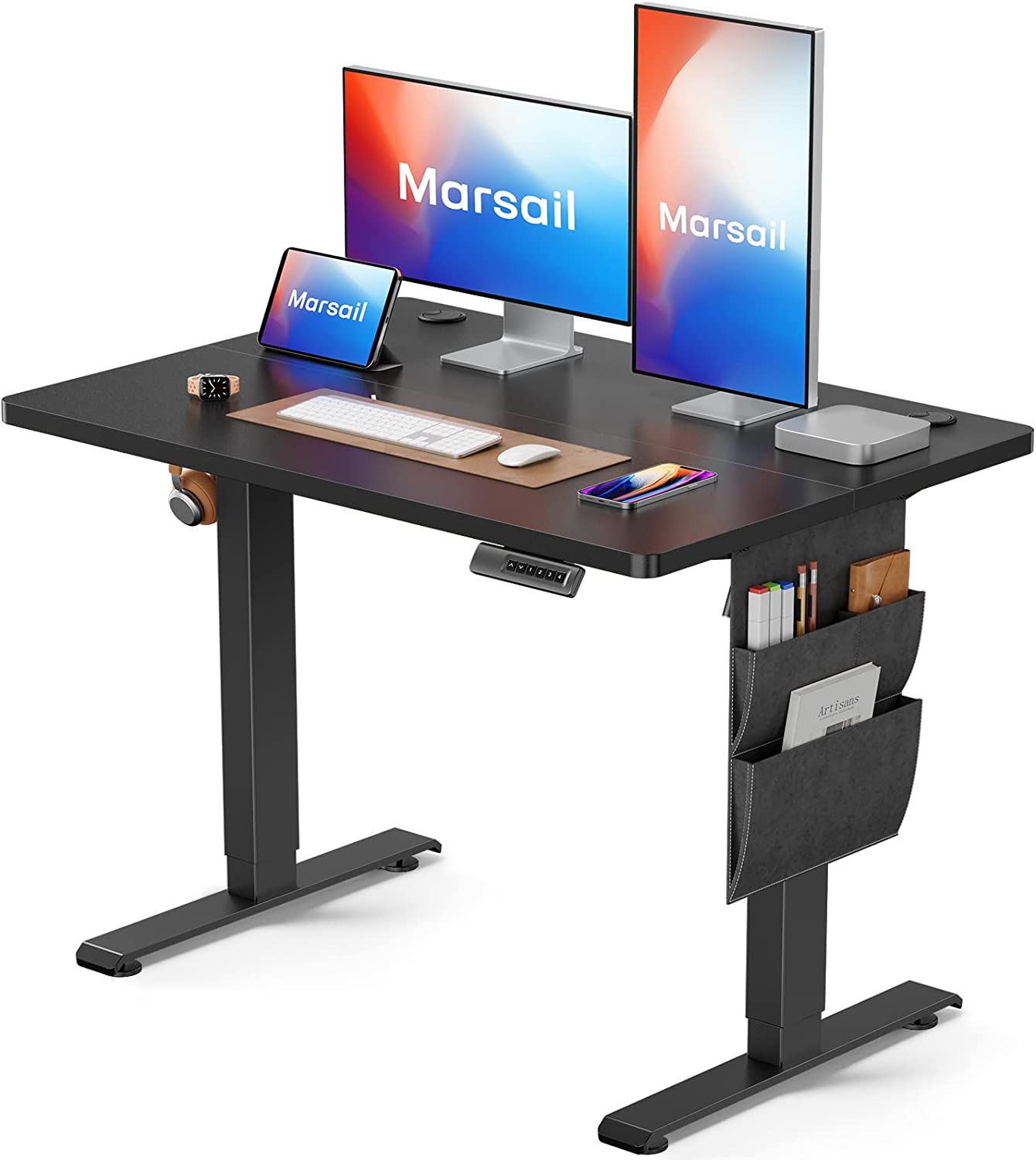 CHITOOMA Electric Standing Desk with Storage Bag, 40" x 24" Adjustable Height Sit to Stand Desk with 4 Memory Pre-Set, Headphone Hook for Home Office, Black
