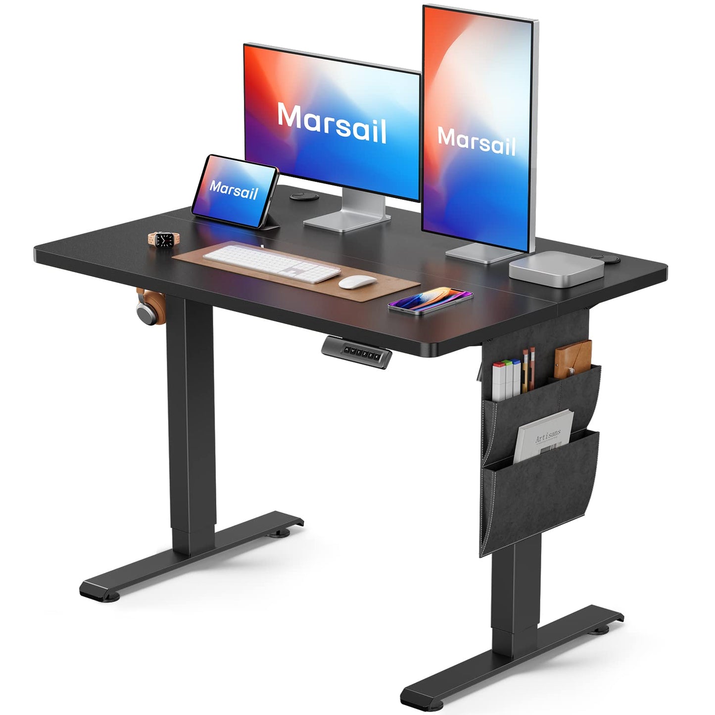 CHITOOMA Electric Standing Desk with Storage Bag, 40" x 24" Adjustable Height Sit to Stand Desk with 4 Memory Pre-Set, Headphone Hook for Home Office, Black
