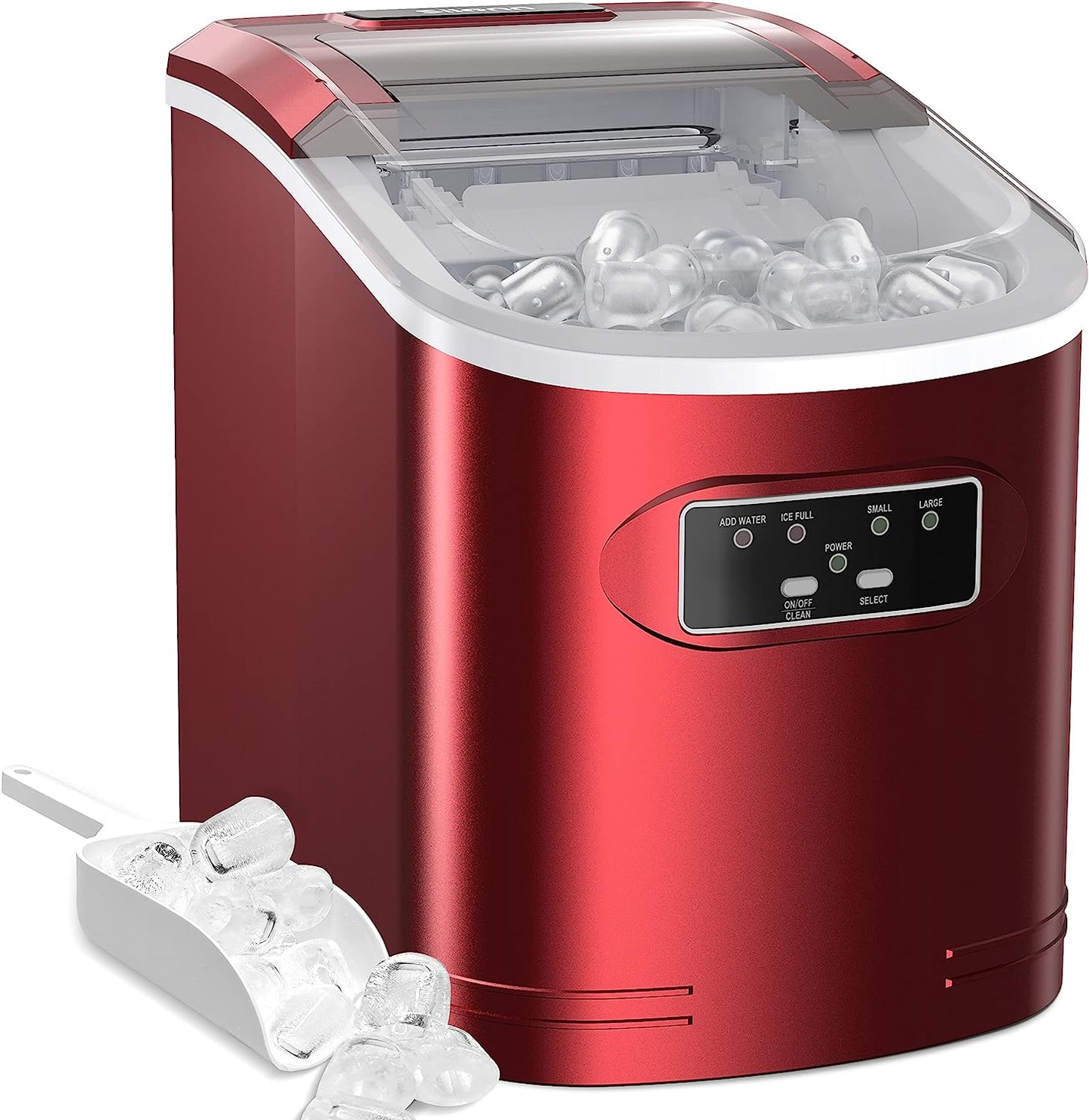 Ice Maker Machine Countertop, 26 lbs in 24 Hours, 9 Cubes Ready in 6 Mins, Self-Clean Ice Maker Compact Portable Ice Maker with Ice Scoop and Basket, Red
