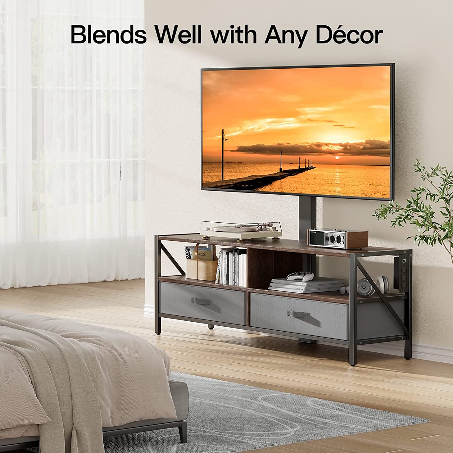 TV Stand with Mount for 37-75 inch TVs, Swivel Floor TV Stand with Storage & Power Outlet, Swivel TV Stand Mount for Living Room, Bedroom, Holds up to 110 lbs, Max VESA 600x400mm, PIRTS03WN