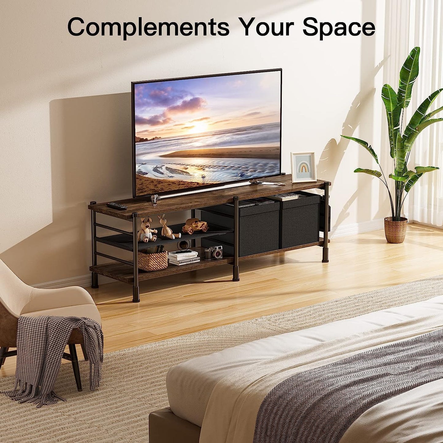 TV Stand with Storage for TV up to 65 Inch, TV Console with Side Pocket & Detachable Fabric Drawers,Television Stand with 3-Tier Open Storage Shelves & Metal Frame for Living Room, PIRTS01WN