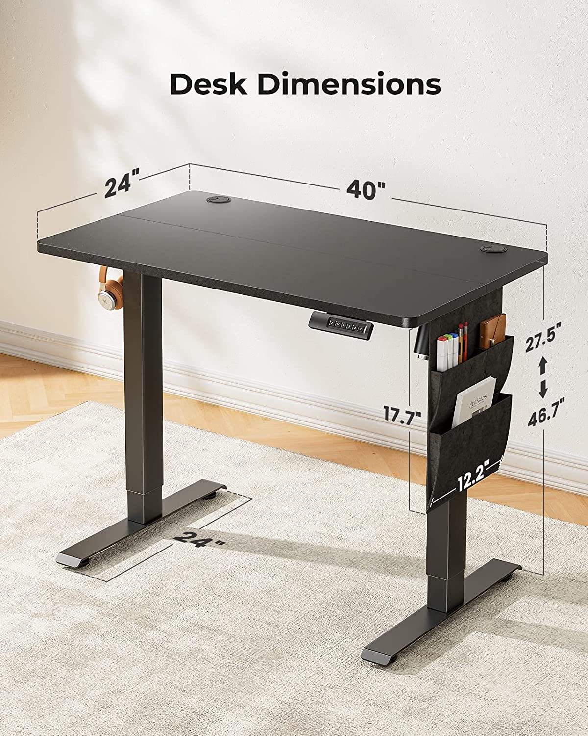 CHITOOMA Electric Standing Desk with Storage Bag, 40" x 24" Adjustable Height Sit to Stand Desk with 4 Memory Pre-Set, Headphone Hook for Home Office, Black